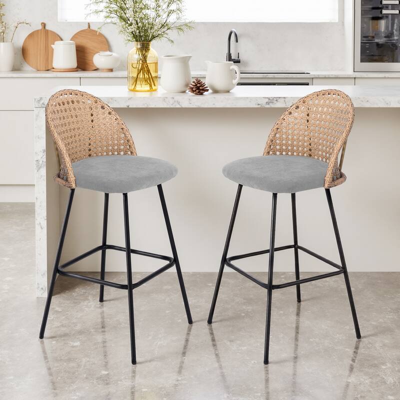 29" Upholstered Swivel Bar Stools with Rattan Back
