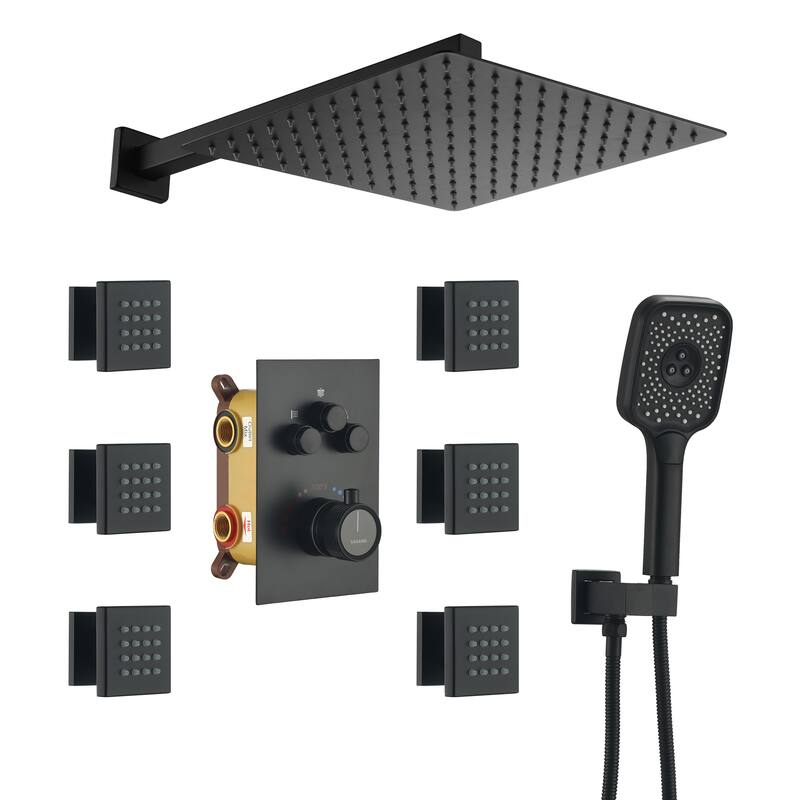 Wall Mount 12 Inch Rainfall Shower Head 3 Function Thermostatic Shower System with 6 Body Jets - Matte Black