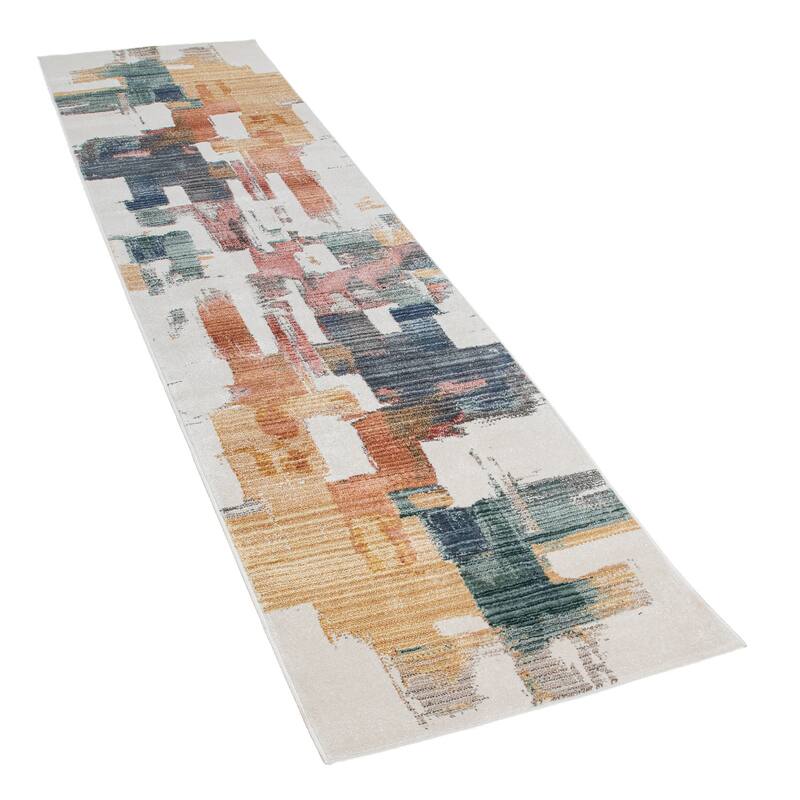 Modern Designer Rug with colorful Art-Works, abstract in cream