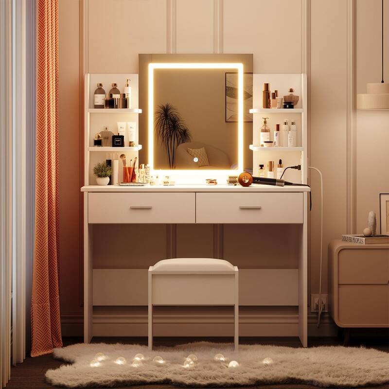 Makeup Vanity Set with Mirror, Stool， Charging Station， 2 Drawers, 6 Shelves