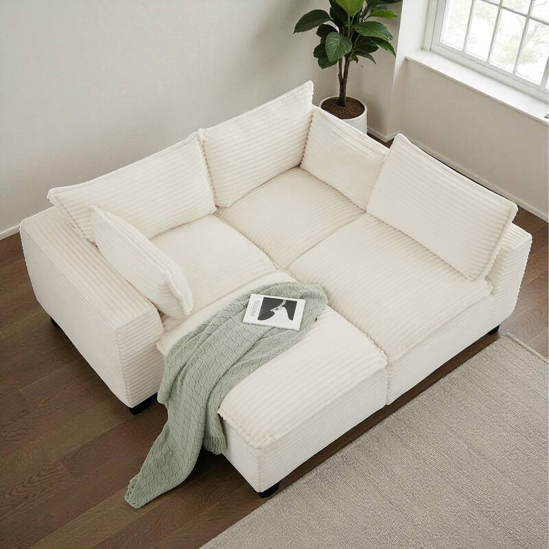 Cloud Sectional Sofa, Convertible L-Shape Corduroy Couch with Ottoman, 4-Seat Plush Living Room Compressed Sofa