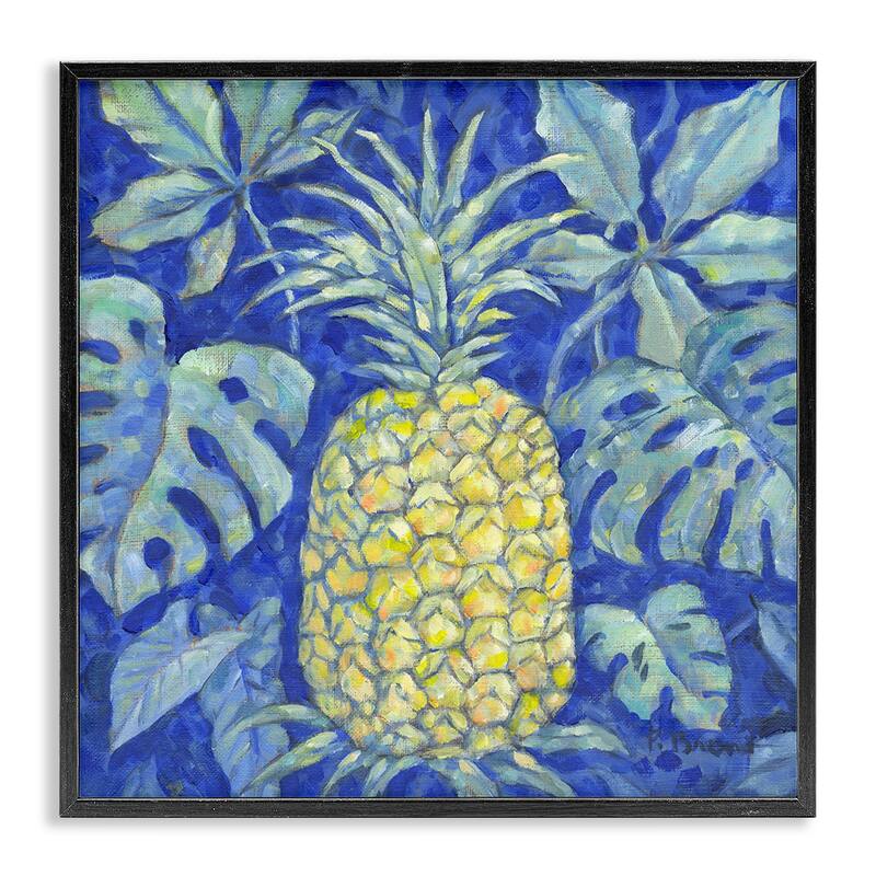 Stupell Tropical Pineapple on Blue Framed Giclee Art Design By Paul Brent - 12 x 12 - Black