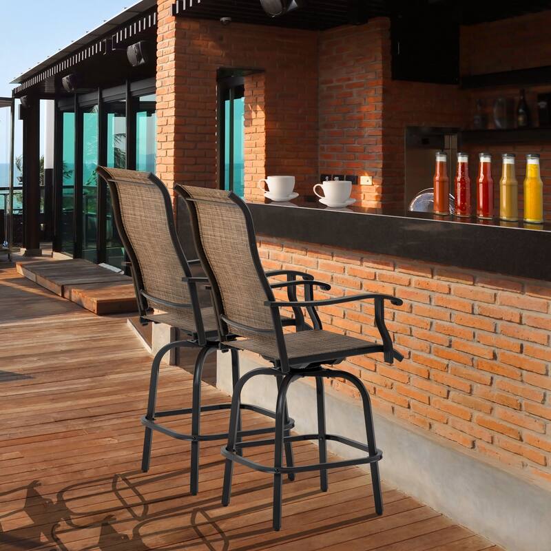 Outsunny Set of 2 Outdoor Swivel Bar Stools with Armrests, Bar Height Patio Chairs with Steel Frame for Balcony, Poolside - N/A