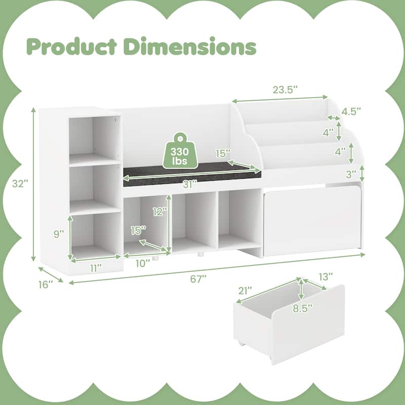 White 3-Tier Adjustable Kids Bookshelf Toy Organizer with Reading Nook and 6 Storage Cubes - 67" x 16" x 32"