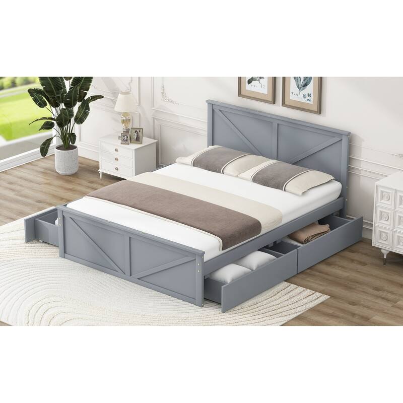Wooden Platform Bed with Four Storage Drawers and Support Legs