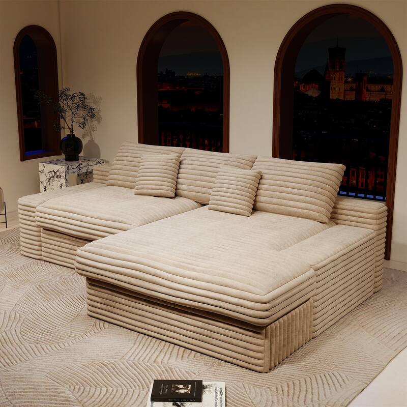 118.1" Cloud Sectional Couches for Living Room, L Shaped Modular Sofas, Corduroy Oversized Floor Couch Set with Chaise - Beige