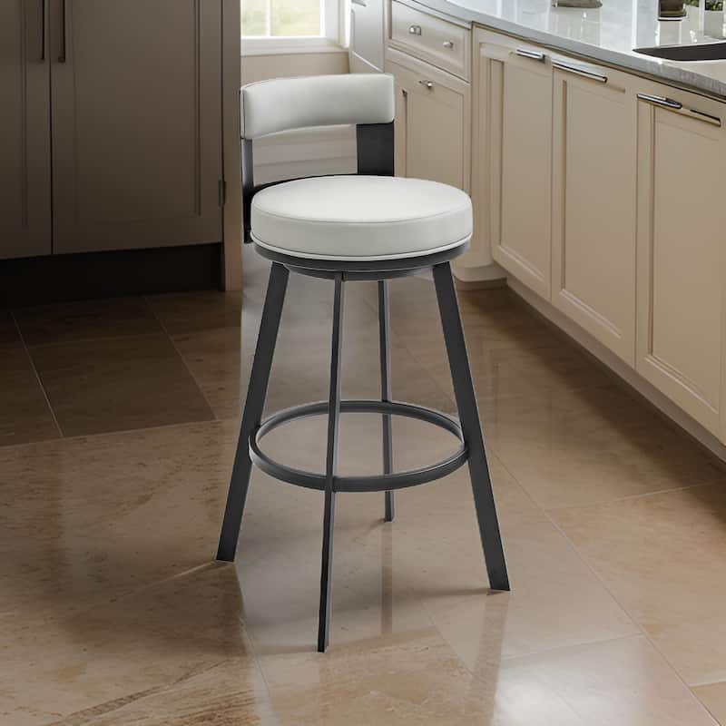 Ami 26 Inch Swivel Counter Stool Chair, Gray Faux Leather, Black Metal