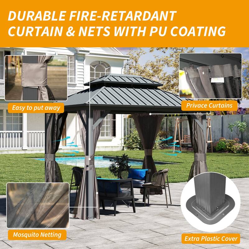 8' x 10' Permanent Metal Gazebo with Double Roof, Curtains, and Netting for Outdoor Gatherings