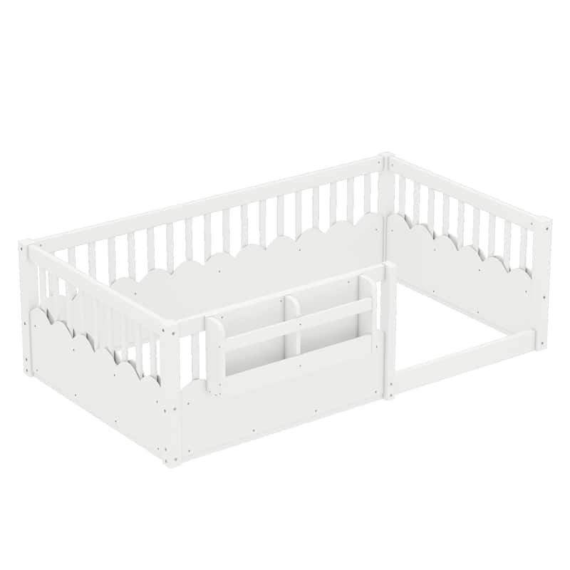 Montessori Floor Bed Kids Bed Frame with Heightened Fence and Bookshelf, Wavy Decoration Wood Platform Bed, No Slats Design