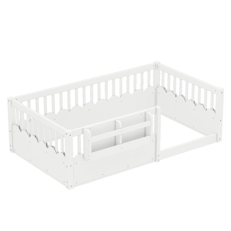 Twin Floor bed with Heightened Fence and bookshelf, Wood Floor Bed for Kids