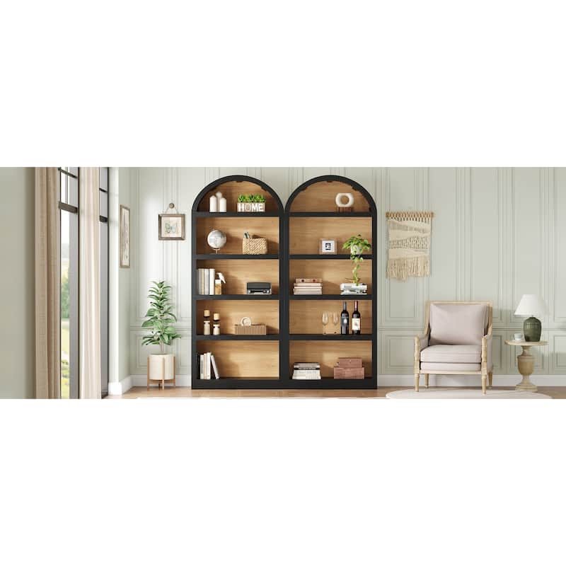 Freestanding Tall Bookshelves Set of 2, Farmhouse Two-Tone Open Storage Cabinet with Fabric Arched Top, 5-Tier Display Bookcase