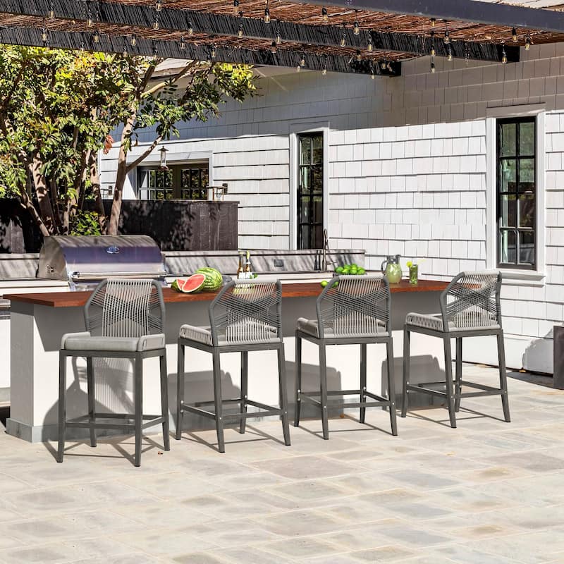 4 Set Modern Aluminum Twill Wicker Woven Outdoor Bar Stool Chair Set, Counter Height Stool with Back and Cushion - 40.6"H