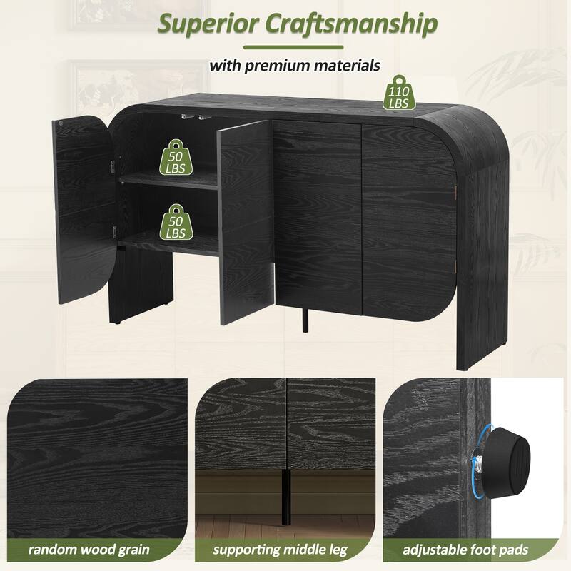 Buffet Cabinet with Storage, Wood Sideboard Cabinet with Curvy Edge, 4 Doors Retro Credenza Storage Cabinet