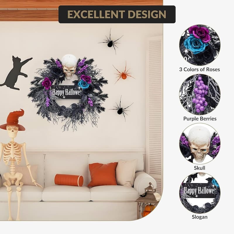 22 Inch Halloween Wreath with LED Lights for Fireplace, Porch - N/A