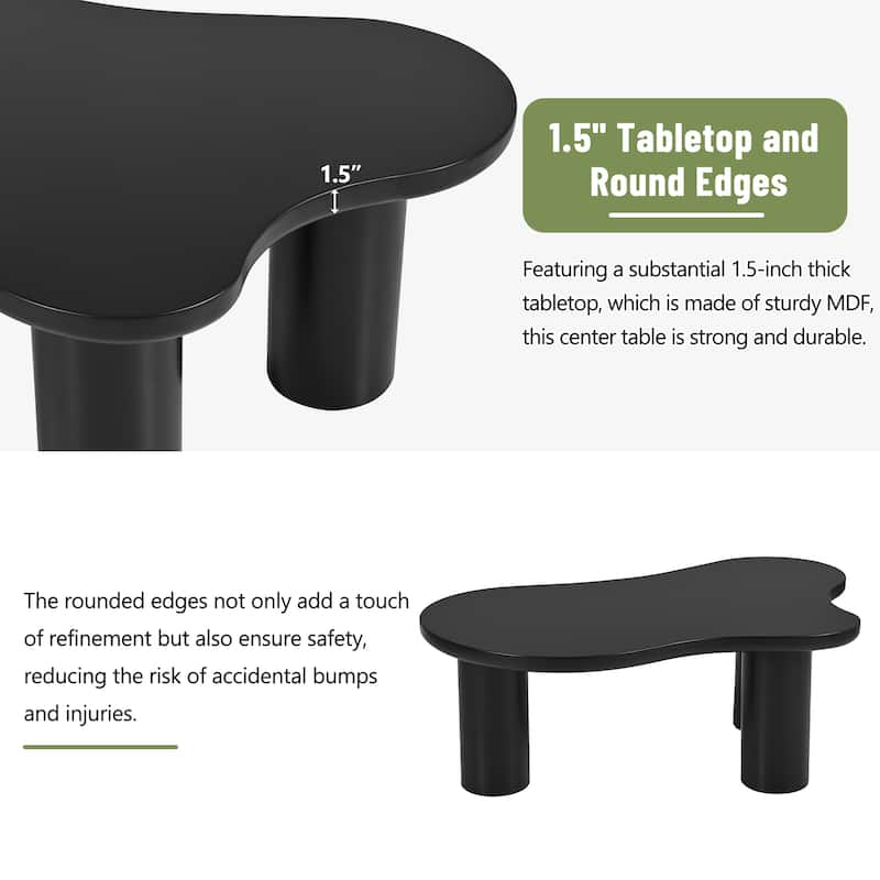 44" Modern Cloud Coffee Table with 1.5" Thick Tabletop, 3 Sturdy Legs and Round Edge