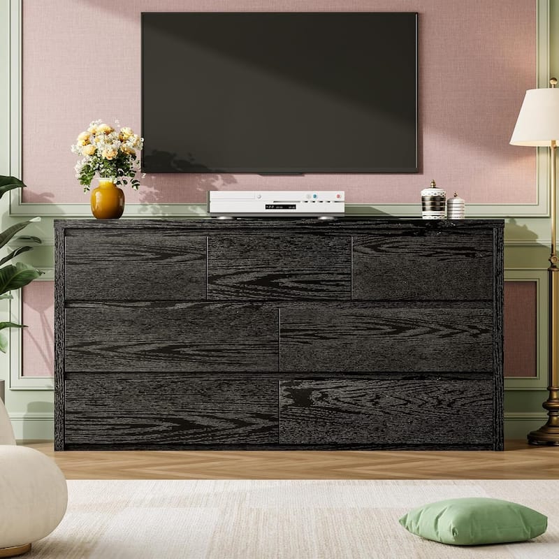 Modern Wide 7 Drawer Dresser Storage Cabinet for Living Room, Hallway Entryway - Black
