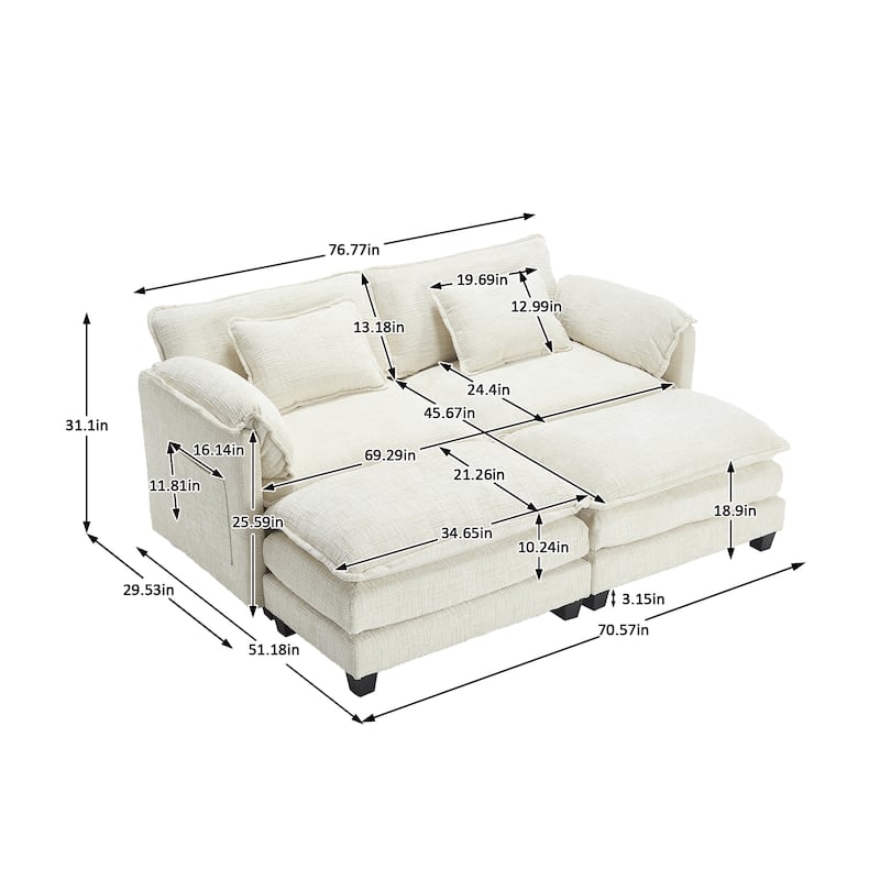 Chenille Fabric Loveseat Sofa Couch with 2 Ottomans and Side Pockets