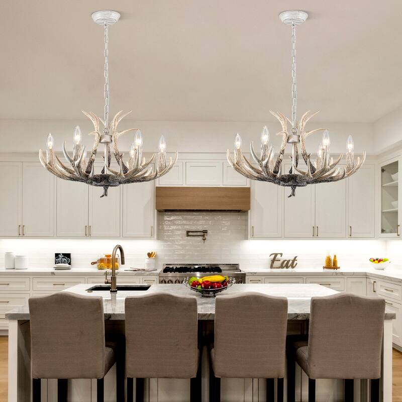 6-light farmhouse adjustable height pendant light with decorative resin antlers