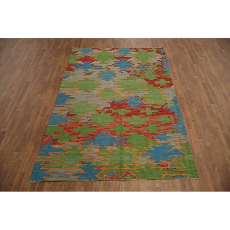 Hand Woven Oriental 100% Wool Carpet Southwestern Modern Multi-Colored Kilim Area Rug - 8' 9'' X 5' 10''