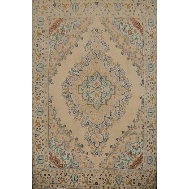 Hand Knotted Oriental 100% Wool Carpet Traditional Floral Beige & Ivories Tabriz Area Rug - 12' 3'' X 9' 10''