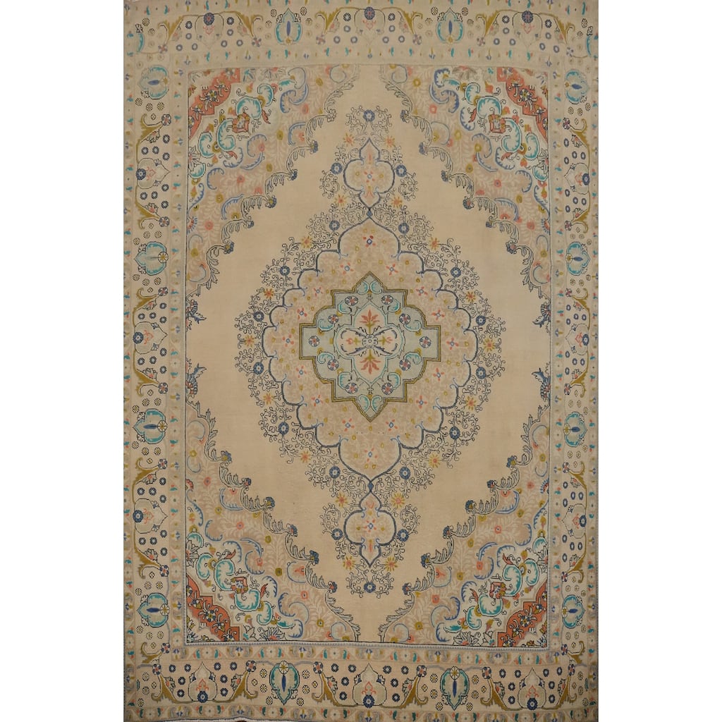 Hand Knotted Oriental 100% Wool Carpet Traditional Floral Beige & Ivories Tabriz Area Rug - 12' 3'' X 9' 10''