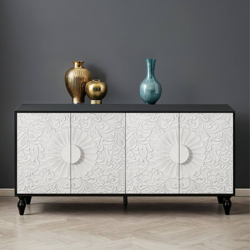 Carved Symmetrical Design Door And Wood Coloured Frame For TV Stand Table,Living Room ,Entryway