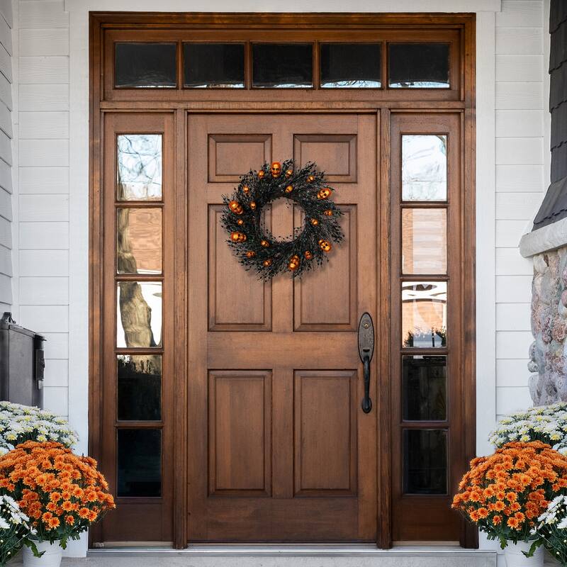 Black & Orange Skulls & Spiders Halloween Twig Wreath, 22-Inch