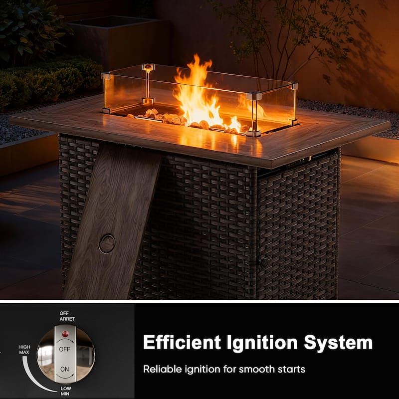 Meyreso 41 in. Rectangular Brown Wicker and Metal Propane Gas Outdoor Fire Pit Table with Lava Rocks, 50000 BTU