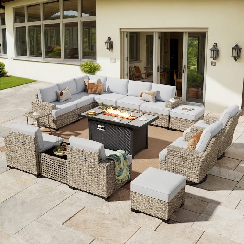 HOOOWOOO 15-piece Outdoor Sofa Patio Wicker Furniture Sectional Set with 54" Fire Pit Table - Grey
