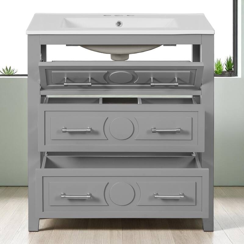 30" Bathroom Vanity with Ceramic Sink, 3 Drawers, Solid Wood Frame,Retro Cabinet, Pre-Drilled for 4" Faucet, Storage Organizer
