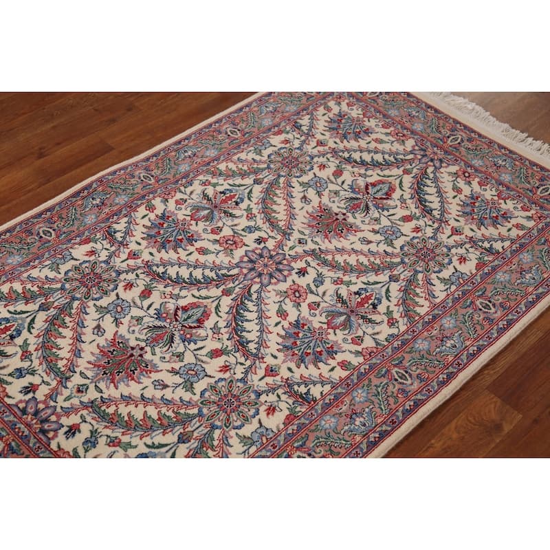 Ivory Floral Aubusson Foyer Rug Hand-Knotted Wool Carpet - 3'1"x 5'0"
