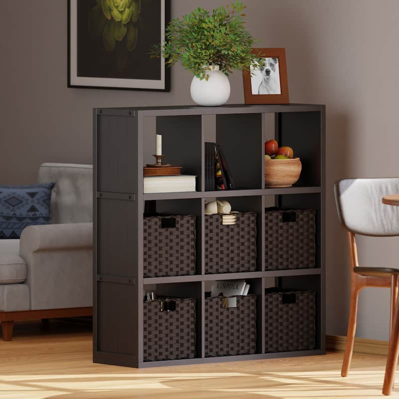 Timothy 7-Pc 3x3 Storage Shelf with 6 Foldable Woven Baskets, Black and Chocolate - 37.76 x 11.81 x 40.08 inches