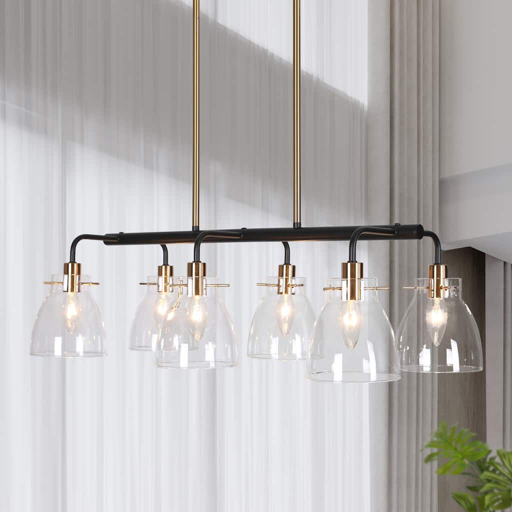 Carrall Modern 6-Light Black Gold Linear Chandelier Glass Pendant Light for Dining Room