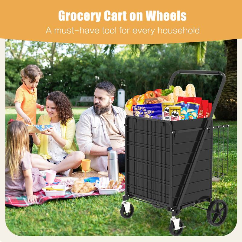 Foldable Grocery Shopping Cart w/ Brake & Double Basket and 360 Rolling Swivel Wheels