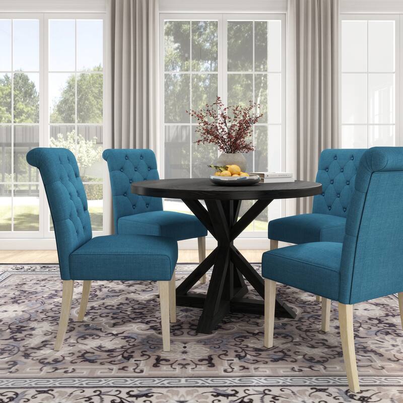 Contemporary 5-Piece Dining Set with Round Table and Button-Tufted Chairs - Solid Wood Construction for Lasting Durability