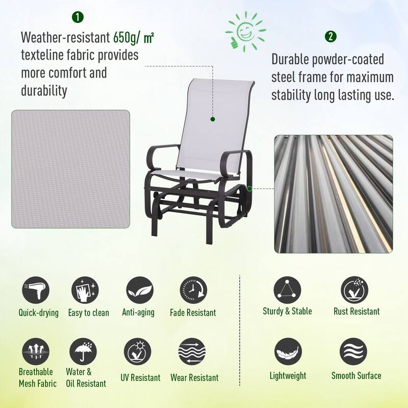 Outsunny Single Glider Patio Swing Rocking Chair with Breathable Mesh, Smooth Arms for Backyard, Garden, Lawn