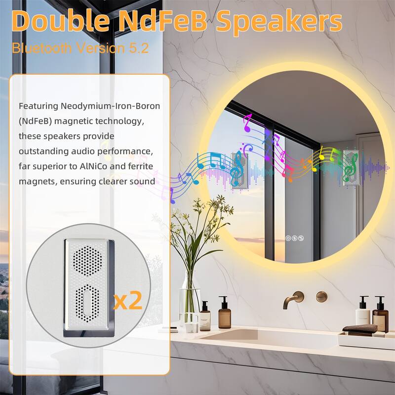 32" Round Wall Illuminated Bathroom Mirror with Lights Bluetooth Speaker Dimmable Defogging - 31.50” x 31.50”