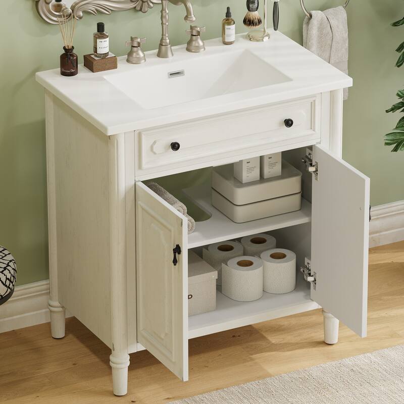 31" Bathroom Vanity with Sink, Rustic Bathroom Cabinet with Soft Close Doors and Adjustable Shelf, Curved Profile Design