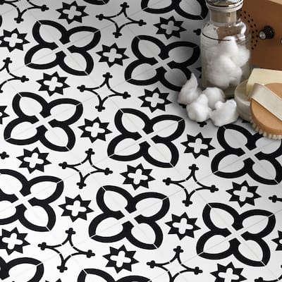 Megouna Handmade Cement Tile, 8''x8'', White-Black ( Morocco)