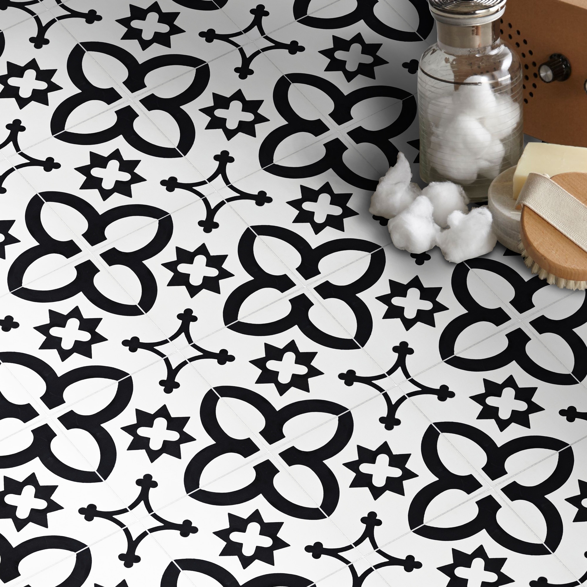 Megouna Handmade Cement Tile, 8''x8'', White-Black ( Morocco)