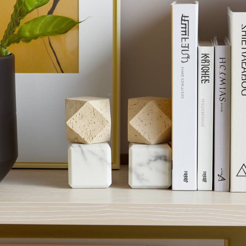 Decorative Marble Bookends with Hexagon Orb - Set of 2, 6"