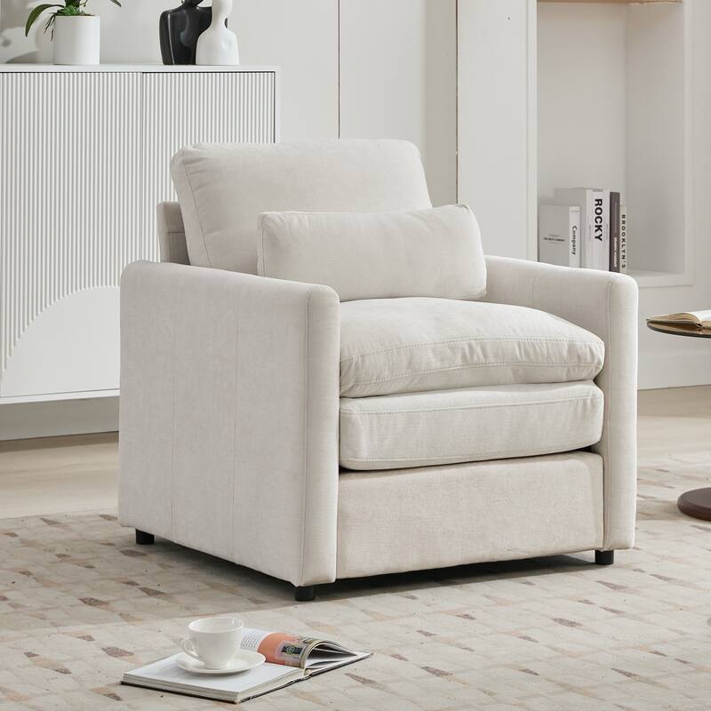 31.9" Beige Chenille Upholstered Armchair with Double Cushion and Ergonomic Design