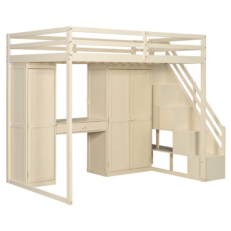 Roomfitters Full Size Loft Bed with Wardrobe, Dressing Table and Storage Staircase