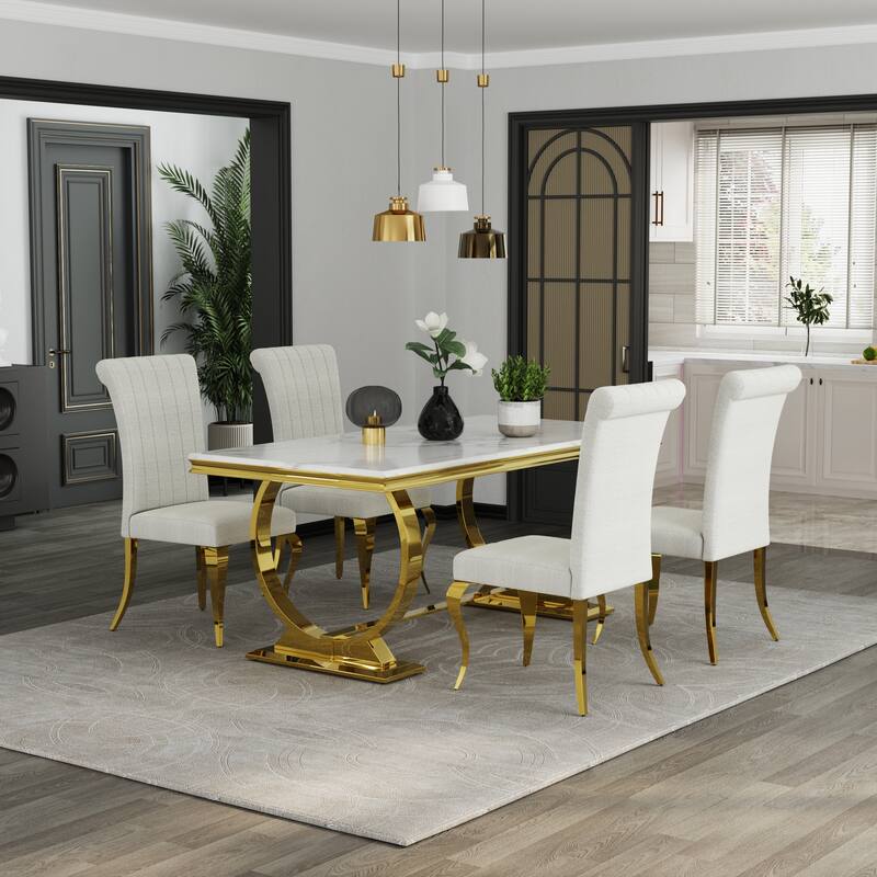 Luxurious Dining Room Table Set with Velvet Dining Chairs