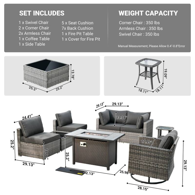 HOOOWOOO 8-piece Rattan Wicker Patio Furniture Set with Fire Pit
