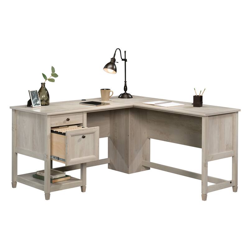 Engineered Wood Coastal L-Shaped Desk with File Drawers, Gray