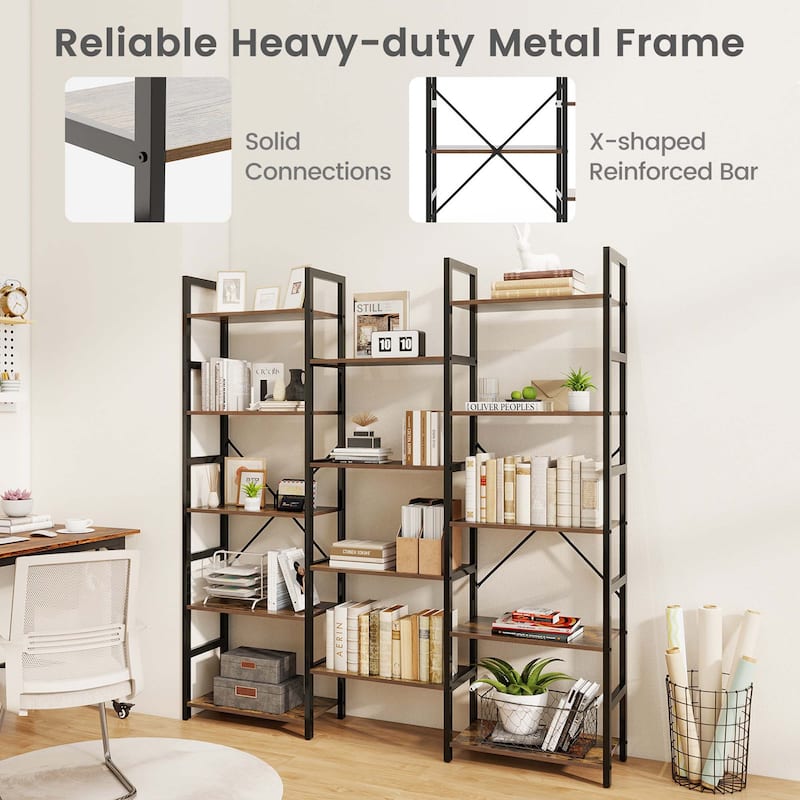 Gymax 5-tier Industrial Bookshelf Heavy-duty Metal Frame Bookcases w/