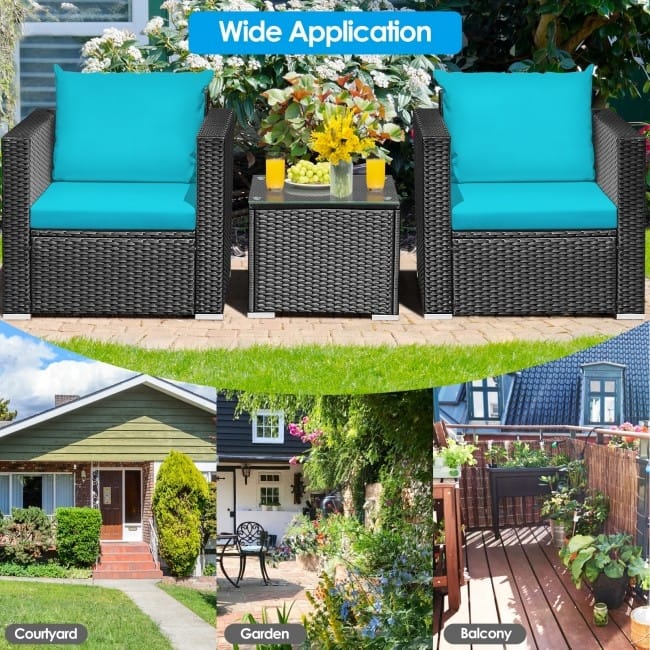 3 Pieces Patio wicker Furniture Set with Cushion - 28.5" x 27.5" x 27" (L x W x H)