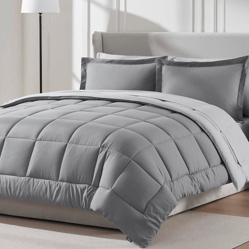 Emperyan Reversible Comforter Set Bed in a Bag with Cooling Pillow - Grey/Queen - Queen
