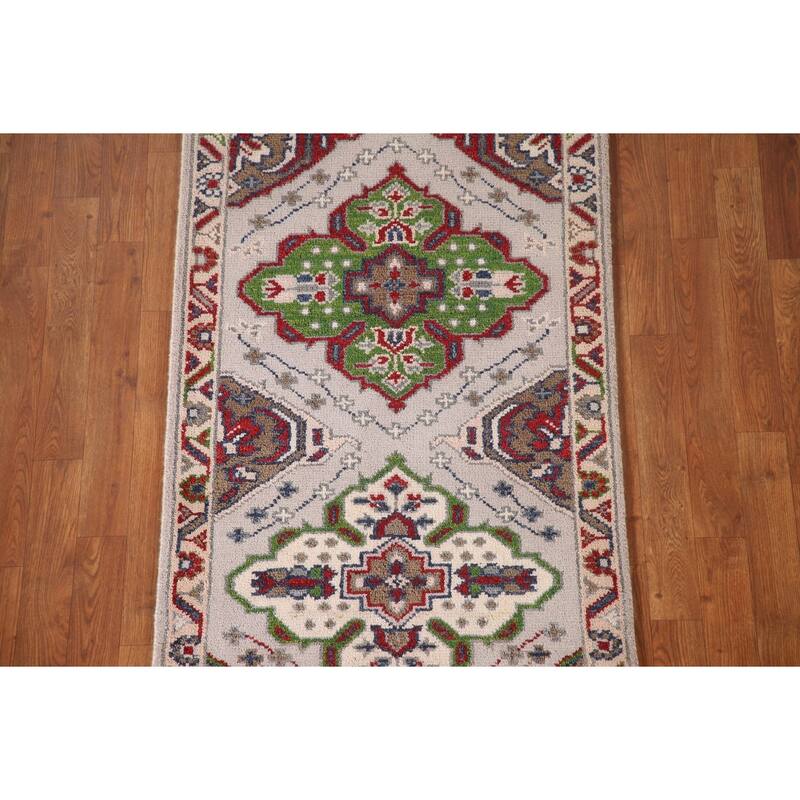 Geometric Grey Kazak Runner Rug Hand-Knotted Oriental Wool Carpet - 2'7"x 9'10"